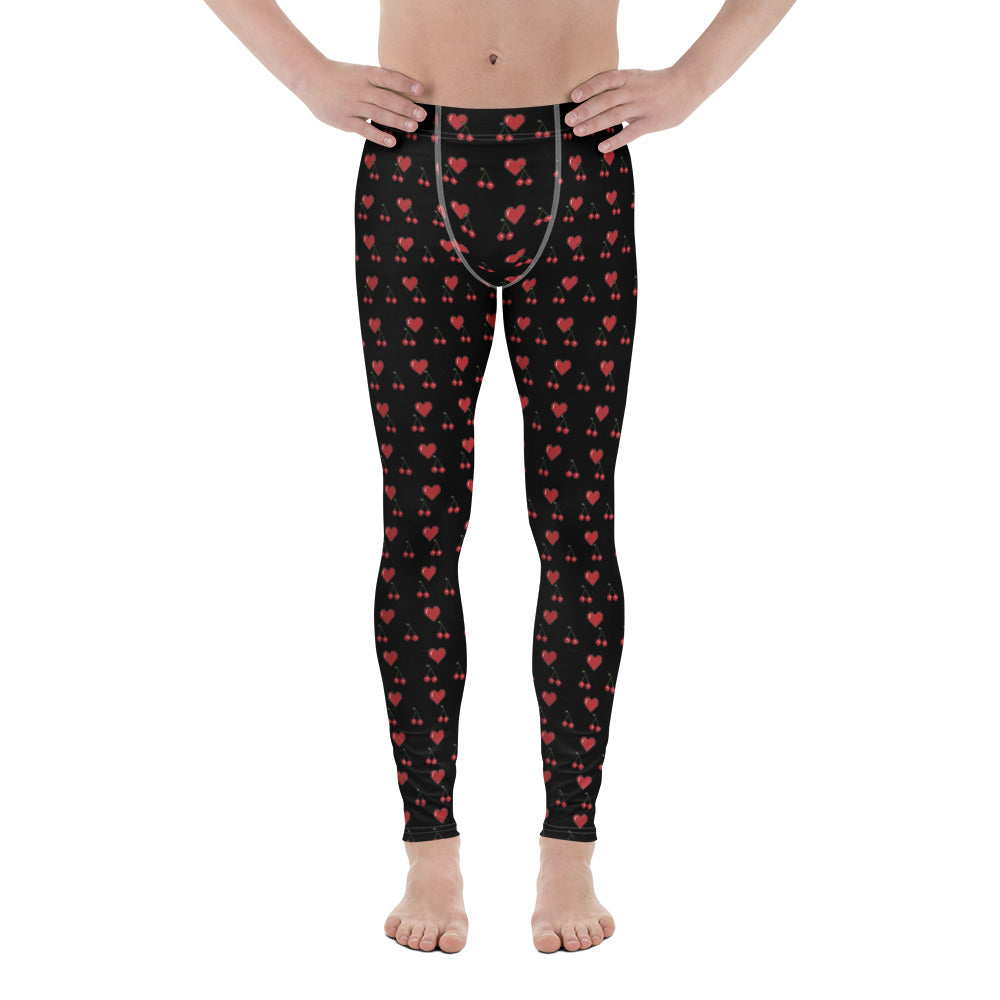 Black Red Hearts Men's Leggings, Red Cherries Printed Best Gay Friendly Hearts Print Valentine's Day Pattern Designer Print&nbsp; Meggings Men's Workout Gym Tights Leggings, Men's Compression Tights Pants - Made in USA/ EU/ MX (US Size: XS-3XL) Patterned Leggings For Men, Tights Workout, Men's Compression Pants, Mens Festival Leggings, Mens Leggings Fashion, Mens Tights&nbsp;