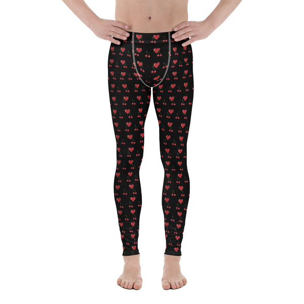 Black Red Hearts Men's Leggings, Red Cherries Printed Best Gay Friendly Hearts Print Valentine's Day Pattern Designer Print&nbsp; Meggings Men's Workout Gym Tights Leggings, Men's Compression Tights Pants - Made in USA/ EU/ MX (US Size: XS-3XL) Patterned Leggings For Men, Tights Workout, Men's Compression Pants, Mens Festival Leggings, Mens Leggings Fashion, Mens Tights&nbsp;
