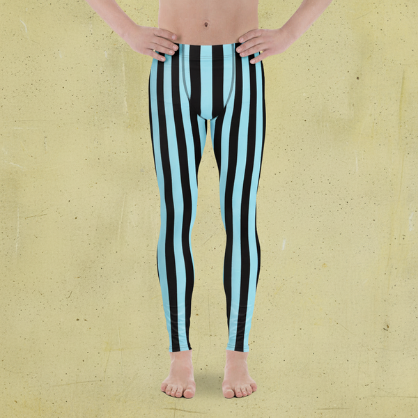 Blue Black Vertically Striped Meggings, Men's Leggings