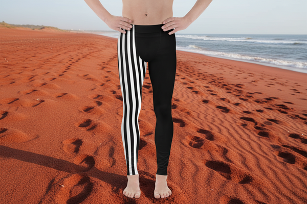 Black White Vertically Striped Meggings, Men's Leggings
