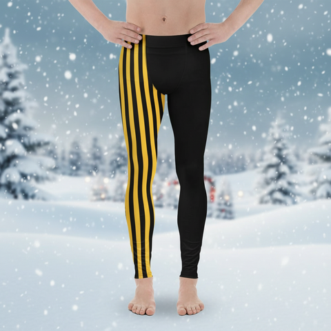 Yellow Black Striped Meggings, Men's Leggings