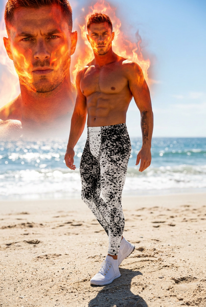 Grey White Abstract Best Meggings, Designer Abstract Running Tights For Men-Made in USA/EU/MX