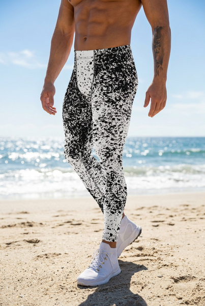 Grey White Abstract Best Meggings, Designer Abstract Running Tights For Men-Made in USA/EU/MX