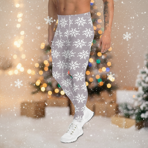 White Snowflakes Christmas Men's Leggings, X'mas Grey and White Festive Best Holiday Tights For Men - Made in USA/EU/MX