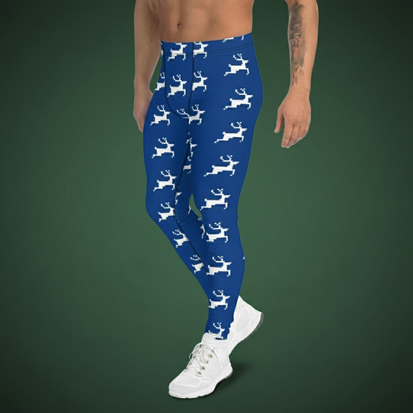 Blue Reindeer Christmas Men's Leggings, Dark Blue Xmas Designer Men's Leggings-Made in USA/MX/EU