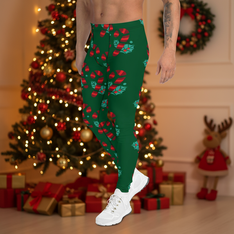 Red Candy Cane Meggings, Green and Red Colorful Christmas Candy Cane Style Gym Tights For Men - Made in USA/EU/MX