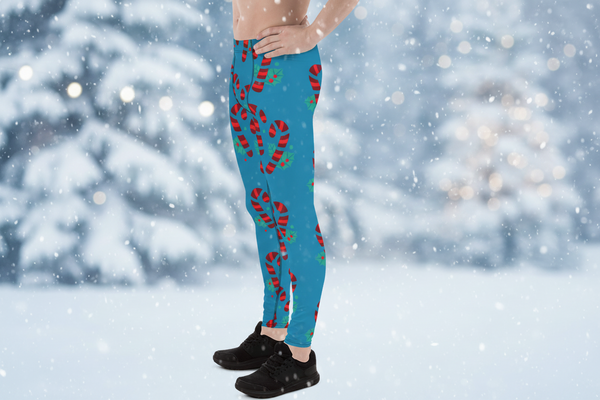 Blue Candy Cane Men's Leggings, Blue and Red Colorful Christmas Candy Cane Style Gym Tights For Men - Made in USA/EU/MX