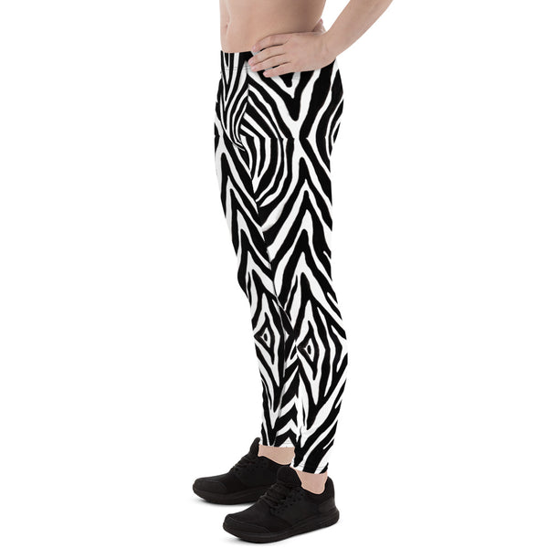 Black Zebra Print Men's Leggings, Zebra Striped Animal Designer Print Sexy Meggings Men's Workout Gym Tights Leggings, Men's Compression Tights Pants - Made in USA/ EU/ MX (US Size: XS-3XL)&nbsp;
