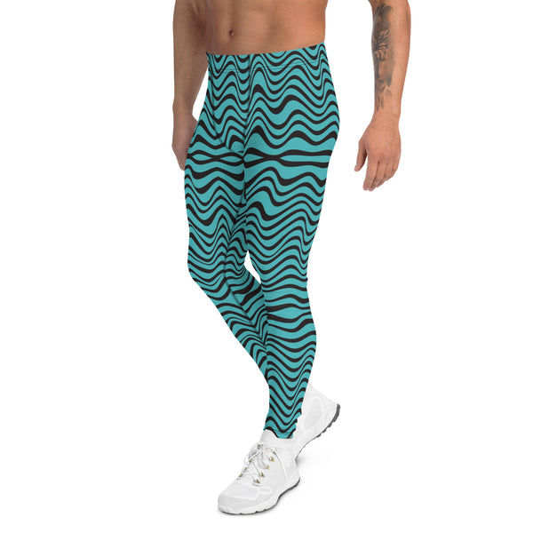 Black Blue Curvy Men's Leggings, Great Wave Abstract Pattern Designer Print Sexy Meggings Men's Workout Gym Tights Leggings, Men's Compression Tights Pants - Made in USA/ EU/ MX (US Size: XS-3XL)&nbsp;Patterned&nbsp;Leggings For Men, Tights Workout, Men's Compression Pants, Mens Festival Leggings, Mens Leggings Fashion, Mens Tights