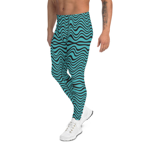 Black Blue Curvy Men's Leggings, Great Wave Abstract Pattern Designer Print Sexy Meggings Men's Workout Gym Tights Leggings, Men's Compression Tights Pants - Made in USA/ EU/ MX (US Size: XS-3XL)&nbsp;Patterned&nbsp;Leggings For Men, Tights Workout, Men's Compression Pants, Mens Festival Leggings, Mens Leggings Fashion, Mens Tights