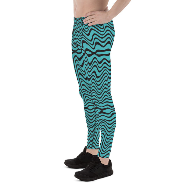 Black Blue Curvy Men's Leggings, Great Wave Abstract Pattern Designer Print Sexy Meggings Men's Workout Gym Tights Leggings, Men's Compression Tights Pants - Made in USA/ EU/ MX (US Size: XS-3XL)&nbsp;Patterned&nbsp;Leggings For Men, Tights Workout, Men's Compression Pants, Mens Festival Leggings, Mens Leggings Fashion, Mens Tights