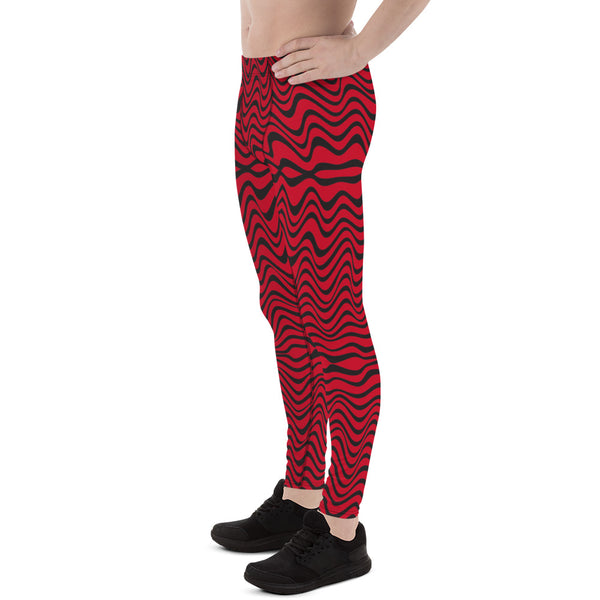 Red Black Curvy Men's Leggings, Great Wave Abstract Pattern Designer Print Sexy Meggings Men's Workout Gym Tights Leggings, Men's Compression Tights Pants - Made in USA/ EU/ MX (US Size: XS-3XL)&nbsp;Patterned&nbsp;Leggings For Men, Tights Workout, Men's Compression Pants, Mens Festival Leggings, Mens Leggings Fashion, Mens Tights