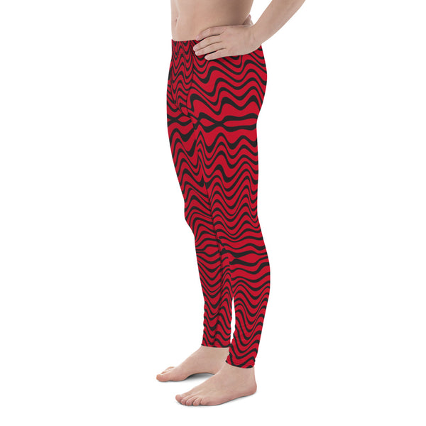 Red Black Curvy Men's Leggings, Great Wave Abstract Pattern Designer Print Sexy Meggings Men's Workout Gym Tights Leggings, Men's Compression Tights Pants - Made in USA/ EU/ MX (US Size: XS-3XL)&nbsp;Patterned&nbsp;Leggings For Men, Tights Workout, Men's Compression Pants, Mens Festival Leggings, Mens Leggings Fashion, Mens Tights