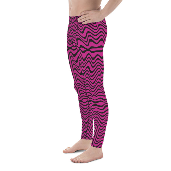 Hot Pink Wavy Meggings, Great Wave Abstract Pattern Yoga Leggings-Made In USA/EU/MX