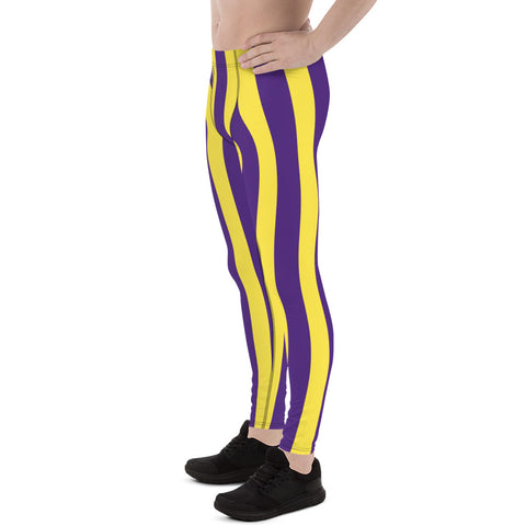 Purple and Yellow Striped Men's Leggings, Vertical Striped Designer Print Sexy Meggings Men's Workout Gym Tights Leggings, Men's Compression Tights Pants - Made in USA/ EU/ MX (US Size: XS-3XL)&nbsp;