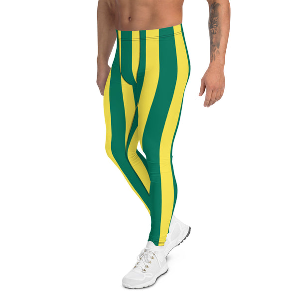 Green Yellow Striped Men's Leggings, Vertical Striped Designer Print Sexy Meggings Men's Workout Gym Tights Leggings, Men's Compression Tights Pants - Made in USA/ EU/ MX (US Size: XS-3XL)&nbsp;