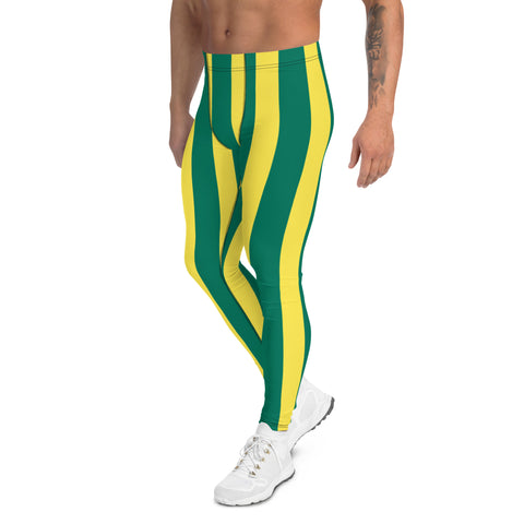 Green Yellow Striped Men's Leggings, Vertical Striped Designer Print Sexy Meggings Men's Workout Gym Tights Leggings, Men's Compression Tights Pants - Made in USA/ EU/ MX (US Size: XS-3XL)&nbsp;