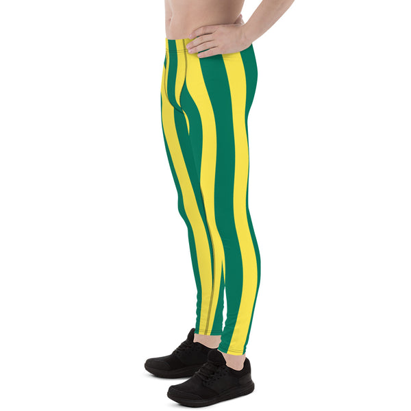 Green Yellow Striped Men's Leggings, Vertical Striped Designer Print Sexy Meggings Men's Workout Gym Tights Leggings, Men's Compression Tights Pants - Made in USA/ EU/ MX (US Size: XS-3XL)&nbsp;