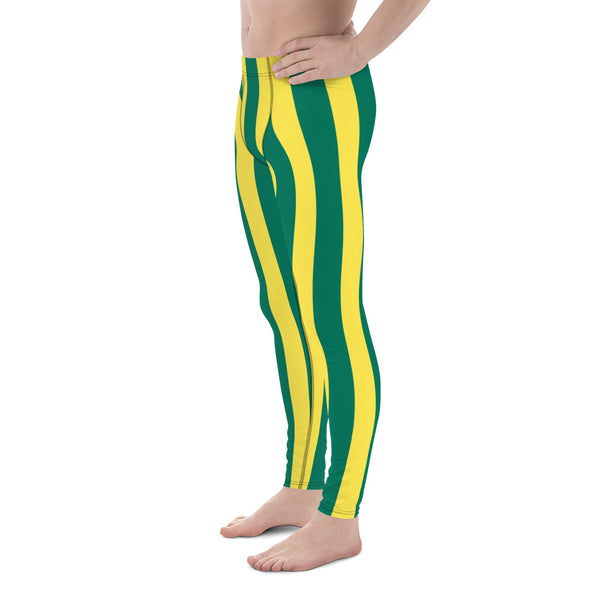 Green Yellow Striped Men's Leggings, Vertical Striped Meggings Compression Tights For Men- Made in USA/EU/MX