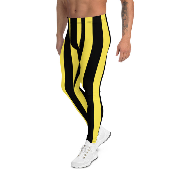 Black Yellow Stripes Meggings, Colorful Patterned Designer Best Men's Leggings, Designer Print Sexy Meggings Men's Workout Gym Tights Leggings, Men's Compression Tights Pants - Made in USA/ EU/ MX (US Size: XS-3XL) 