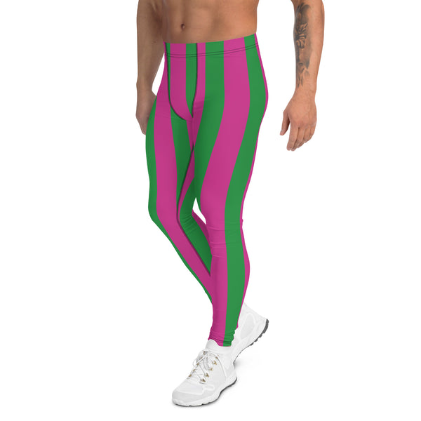 Pink Green Stripes Men's Leggings, Vertically Striped Designer Print Sexy Meggings Men's Workout Gym Tights Leggings, Men's Compression Tights Pants - Made in USA/ EU/ MX (US Size: XS-3XL) 