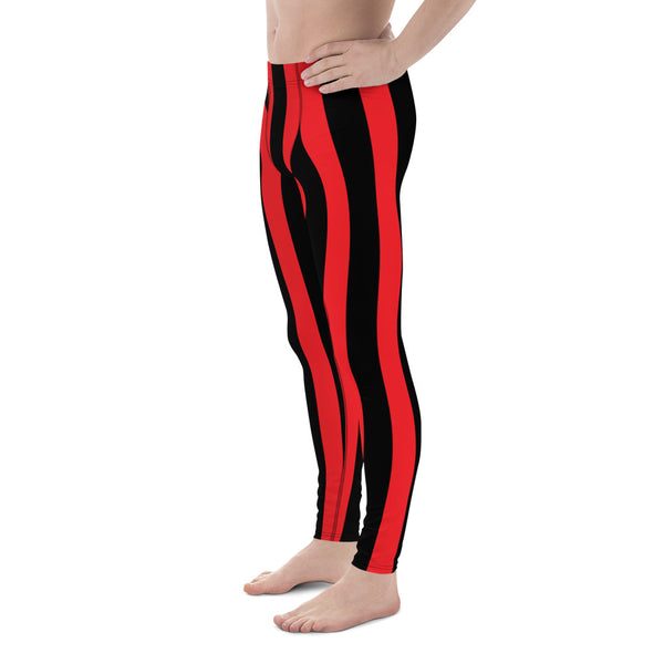 Red Black Stripes Men's Leggings, Vertically Striped Print Designer Print Sexy Meggings Men's Workout Gym Tights Leggings, Men's Compression Tights Pants - Made in USA/ EU/ MX (US Size: XS-3XL) 