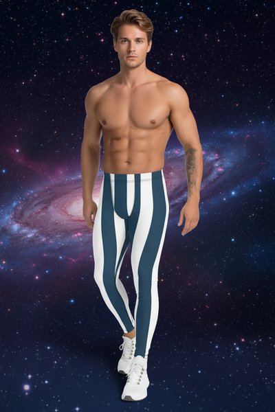 Blue White Stripes Men's Leggings, Colorful Patterned Designer Best Men's Leggings - Made in USA/EU/MX