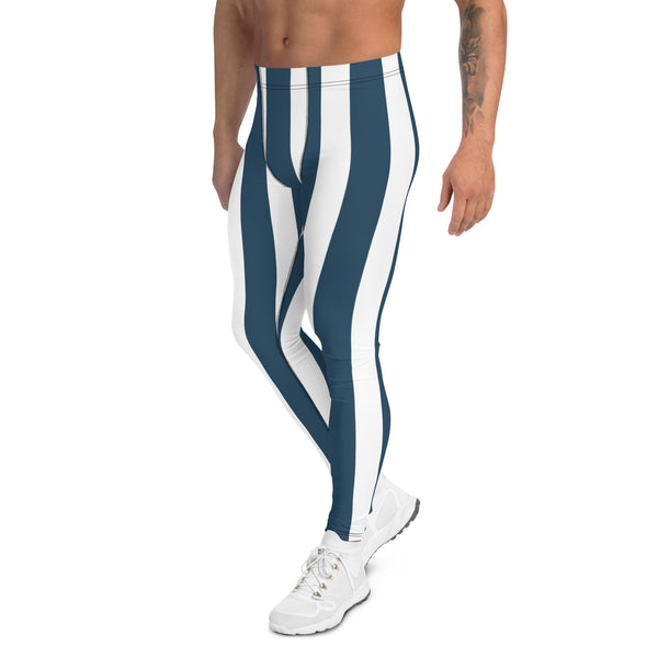 Blue and White Striped Meggings, Vertically Stripes Meggings, Colorful Patterned Designer Best Men's Leggings, Designer Print Sexy Meggings Men's Workout Gym Tights Leggings, Men's Compression Tights Pants - Made in USA/ EU/ MX (US Size: XS-3XL) 