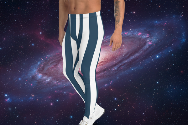 Blue White Stripes Men's Leggings, Colorful Patterned Designer Best Men's Leggings - Made in USA/EU/MX