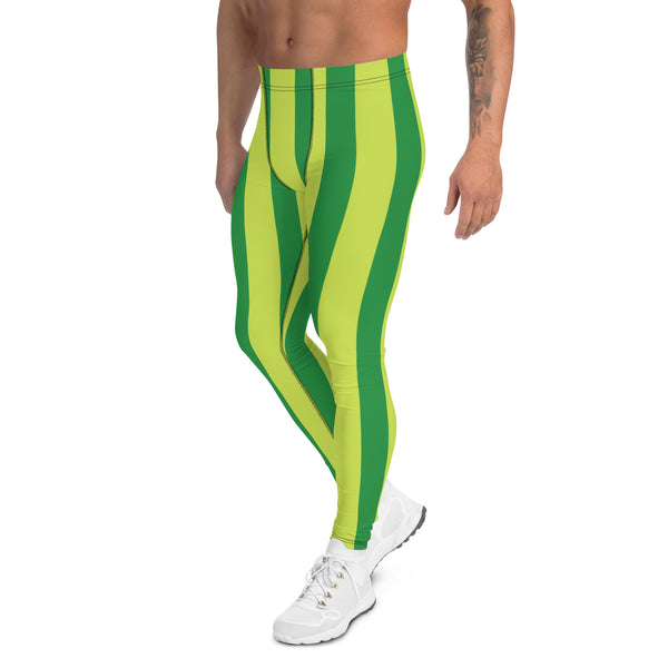 Yellow Green Stripes Men's Leggings, Vertically Striped Print Designer Print Sexy Meggings Men's Workout Gym Tights Leggings, Men's Compression Tights Pants - Made in USA/ EU/ MX (US Size: XS-3XL) 