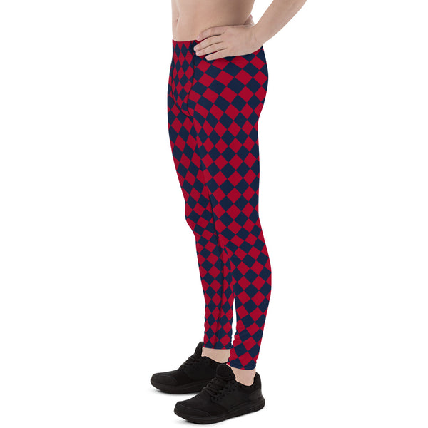 Blue Red Checkered Men's Leggings, Check Pants Men, Men's Plaid Pants, Checkered Pants - Made in USA/EU/MX