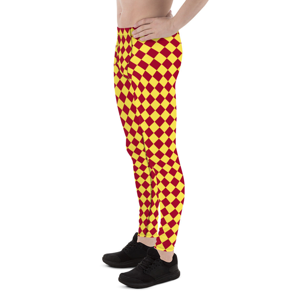 Yellow Red Checkered Men's Leggings, Check Pants Men, Men's Plaid