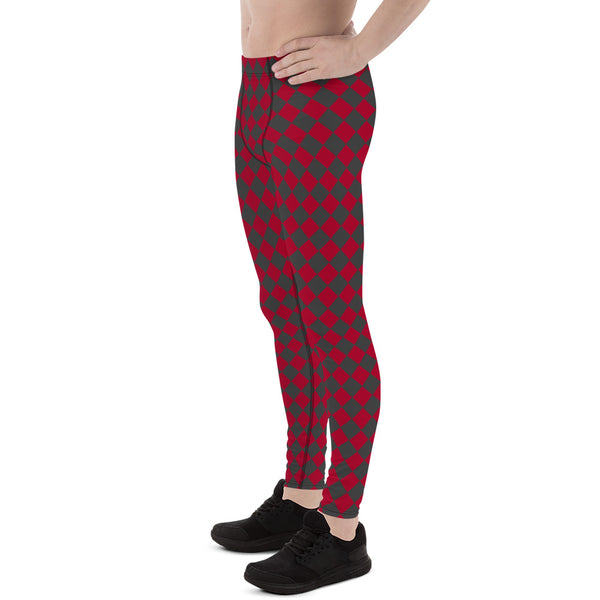 Grey Red Checkered Men's Leggings, Check Pants Men, Men's Plaid Pants, Checkered Pants - Made in USA/EU/MX