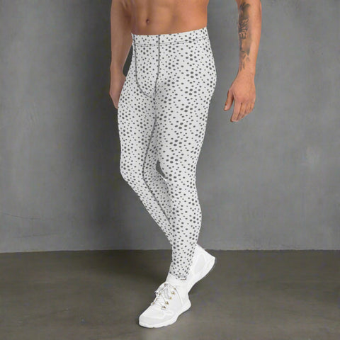 White Grey Dotted Men's Leggings, Dots Pattern Abstract Designer Print Sexy Meggings Men's Workout Gym Tights Leggings, Men's Compression Tights Pants - Made in USA/ EU/ MX (US Size: XS-3XL)&nbsp;