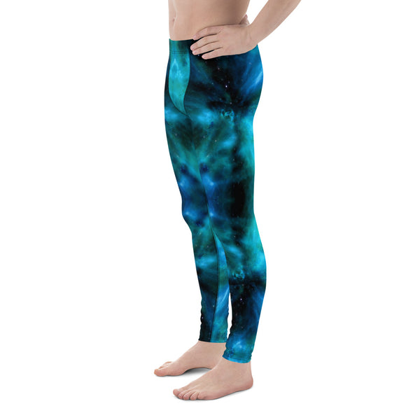 Blue Galaxy Men's Leggings, Mens Galaxy Lightning Storm Pants, Thunder Lightning Leggings For Men-Made in USA/EU/MX