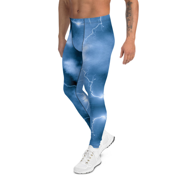 Ocean Blue Space Men's Leggings, Colorful Best Mens Galaxy Space Lightning Storm Pants, Thunder Lightning Leggings For Men-Made in USA/EU/MX (US Size: XS-3XL)&nbsp;Lighting Abstract Designer Print Sexy Meggings Men's Workout Gym Tights Leggings, Men's Compression Tights Pants&nbsp;&nbsp;