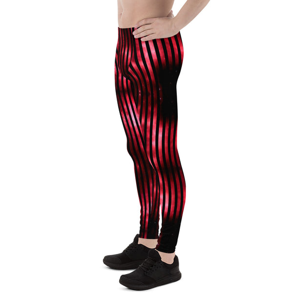 Red Striped Best Men's Leggings, Vertical Striped Meggings Compression Tights For Men- Made in USA/EU/MX