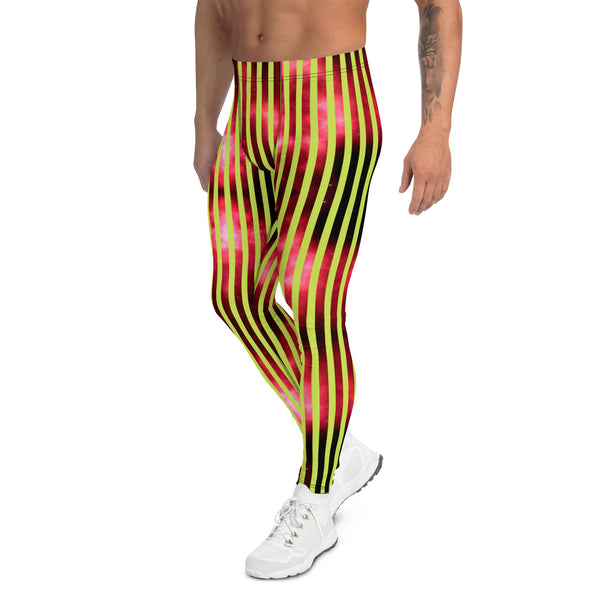 Red Green Striped Men's Leggings, Abstract Vertical Striped Designer Print Sexy Meggings Men's Workout Gym Tights Leggings, Men's Compression Tights Pants - Made in USA/ EU/ MX (US Size: XS-3XL)&nbsp;