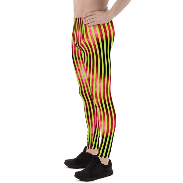 Red Green Striped Men's Leggings, Abstract Vertical Striped Meggings Compression Tights For Men- Made in USA/EU/MX