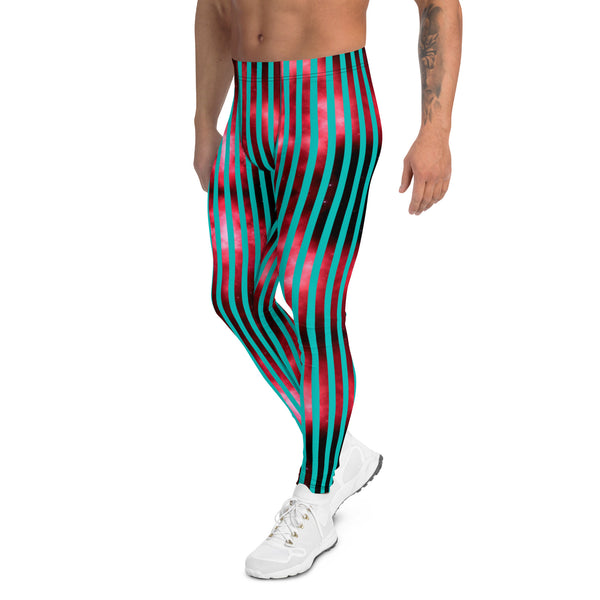 Blue Red Striped Men's Leggings, Colorful Best Vertically Striped Best Abstract Designer Print Sexy Meggings Men's Workout Gym Tights Leggings, Men's Compression Tights Pants - Made in USA/ EU/ MX (US Size: XS-3XL)&nbsp;