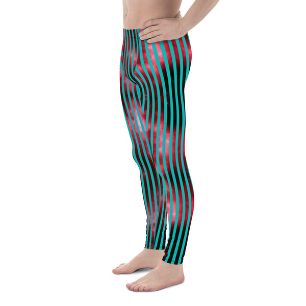 Blue Red Striped Men's Leggings, Colorful Best Compression Tights For Men - Made in USA/EU/MX