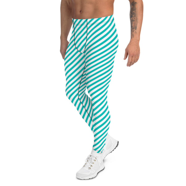 Colorful Diagonally Striped Meggings, White and Blue Diagonal Striped Best Abstract Designer Print Sexy Meggings Men's Workout Gym Tights Leggings, Men's Compression Tights Pants - Made in USA/ EU/ MX (US Size: XS-3XL)&nbsp;