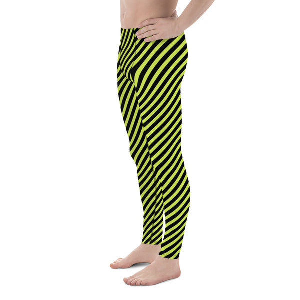 Lime Green Black Striped Meggings, Diagonal Striped Designer Print Sexy Meggings Men's Workout Gym Tights Leggings, Men's Compression Tights Pants - Made in USA/ EU/ MX (US Size: XS-3XL)&nbsp;