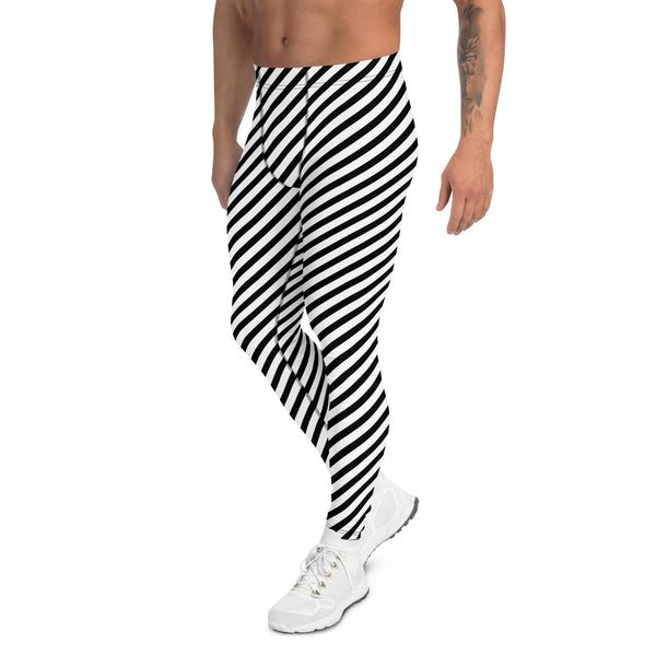 Colorful Diagonally Striped Meggings, White and Black Diagonal Striped Best Abstract Designer Print Sexy Meggings Men's Workout Gym Tights Leggings, Men's Compression Tights Pants - Made in USA/ EU/ MX (US Size: XS-3XL)&nbsp;