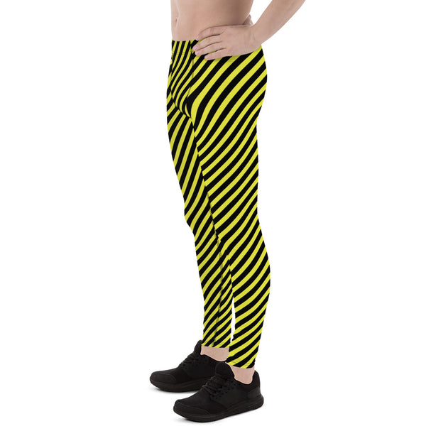 Yellow Black Diagonal Striped Meggings, Colorful Best Compression Tights For Men - Made in USA/EU/MX