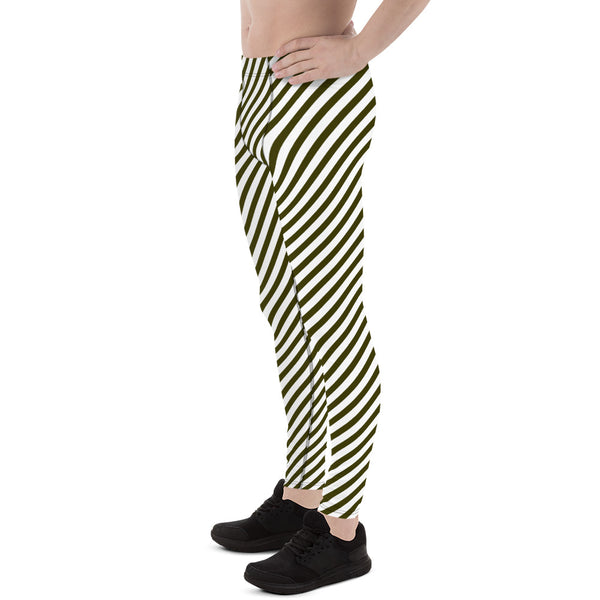 Pine Green Black Striped Meggings, Diagonal Striped&nbsp;Designer Print Sexy Meggings Men's Workout Gym Tights Leggings, Men's Compression Tights Pants - Made in USA/ EU/ MX (US Size: XS-3XL)&nbsp;