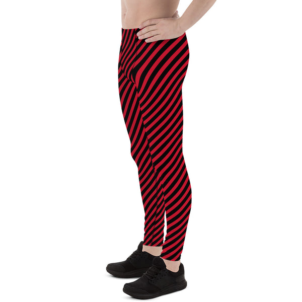 Colorful Diagonally Striped Meggings, Red and Black Diagonal Striped Best Abstract Designer Print Sexy Meggings Men's Workout Gym Tights Leggings, Men's Compression Tights Pants - Made in USA/ EU/ MX (US Size: XS-3XL)&nbsp;