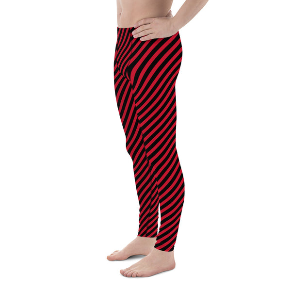 Black Red Diagonal Striped Meggings, Colorful Best Compression Tights For Men - Made in USA/EU/MX