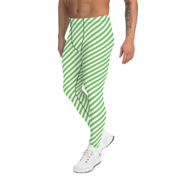 Green White Striped Meggings, Diagonal Striped Best Green and White Abstract Designer Print Sexy Meggings Men's Workout Gym Tights Leggings, Men's Compression Tights Pants - Made in USA/ EU/ MX (US Size: XS-3XL)&nbsp;