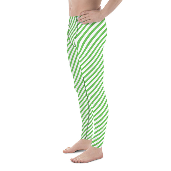 Green White Striped Meggings, Diagonal Striped Compression Tights For Men - Made in USA/EU/MX